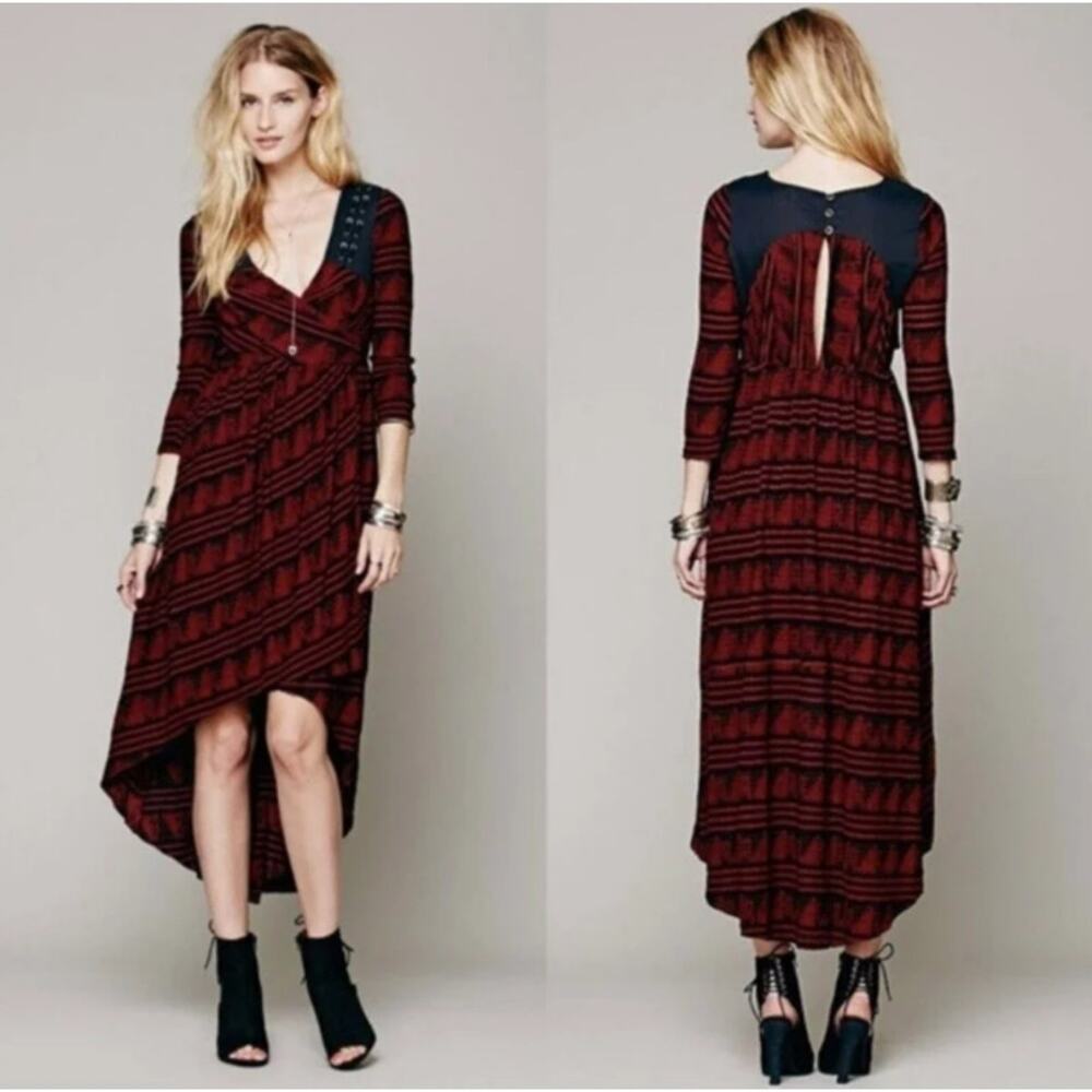 Free People New Romantics Womens Small Dress Lelani Hi-Lo Wrap Dress Rust Black
